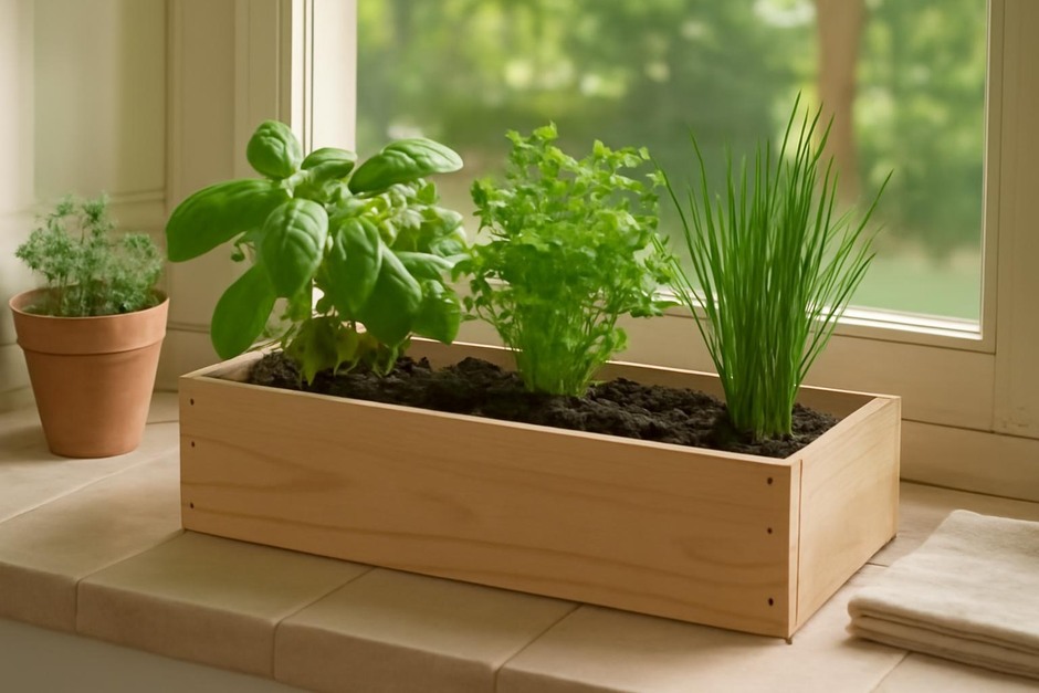 Small wooden herb box on a sunny kitchen windowsill with basil, parsley and chives