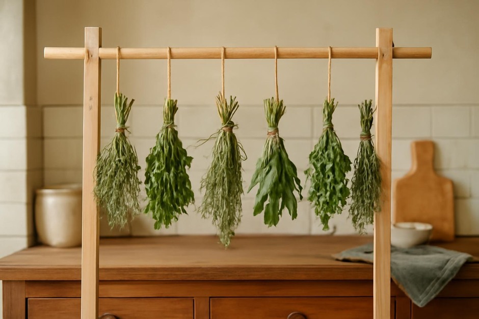 Bundles of dried herbs hanging from a simple wooden rack in a kitchen